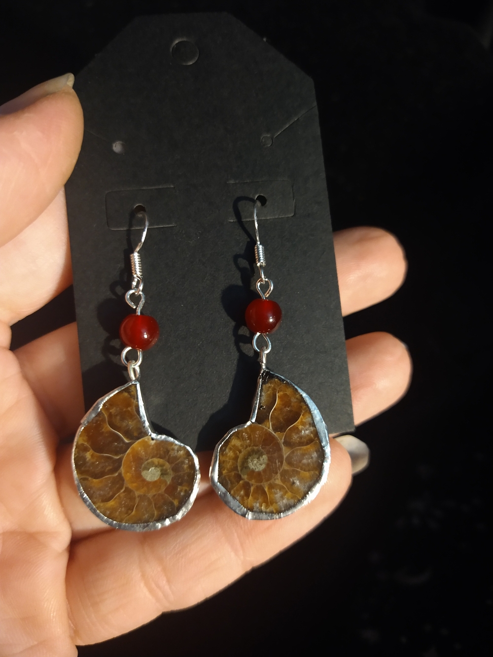 Handcrafted Ammonite Shell Drop Earrings with Red Carnelian Accents